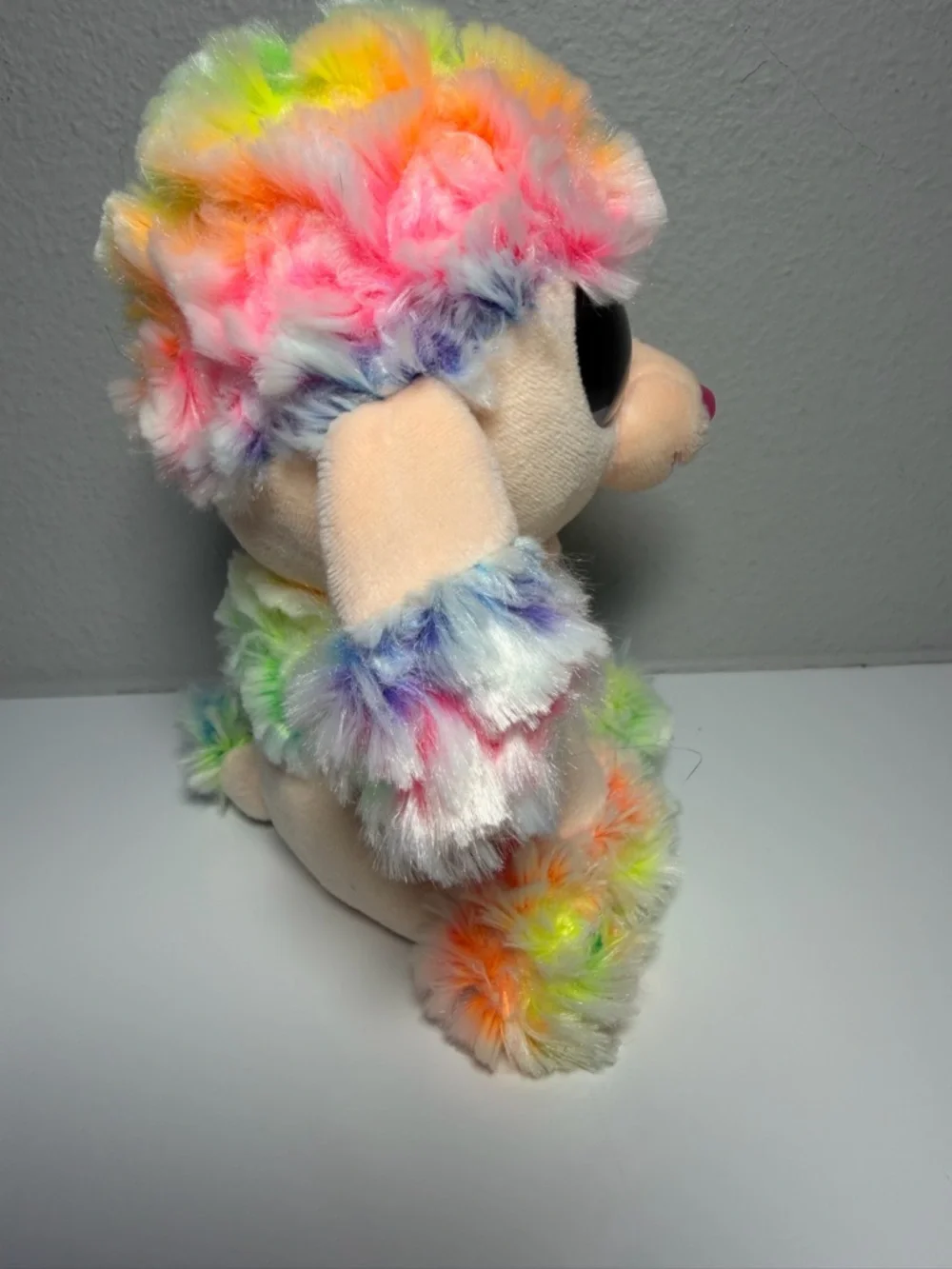 Ty Rainbow Beanie Boo Plush Poodle - Multicolor Fur with Pink Nose - Picture 4 of 7